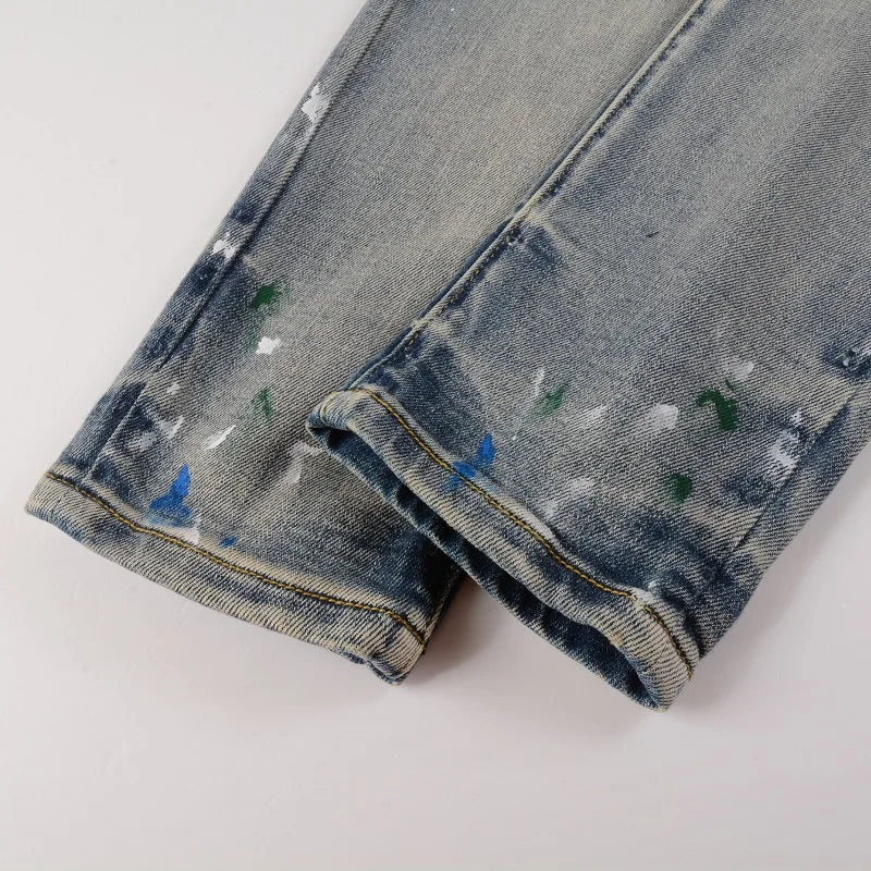 Blue Paint Splatter Ribbed Patchwork Distressed Jeans