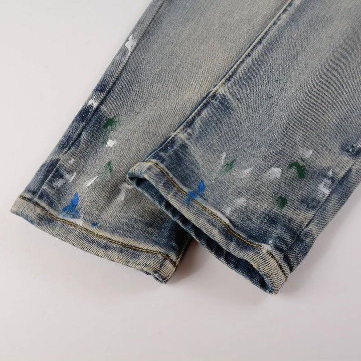 Blue Paint Splatter Ribbed Patchwork Distressed Jeans