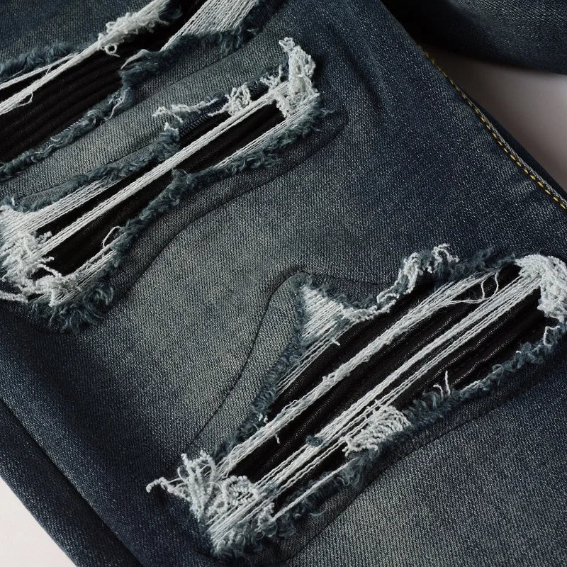 Jean Gestuz Déchiré Bleu Denim Avec Détails Cuir - Taille Femme 27/32 - Occasion Bon état