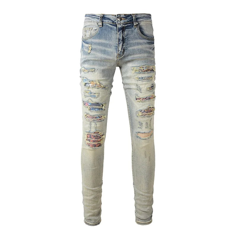 Faded Blue Multple Artwork Ripped Distressed Jeans