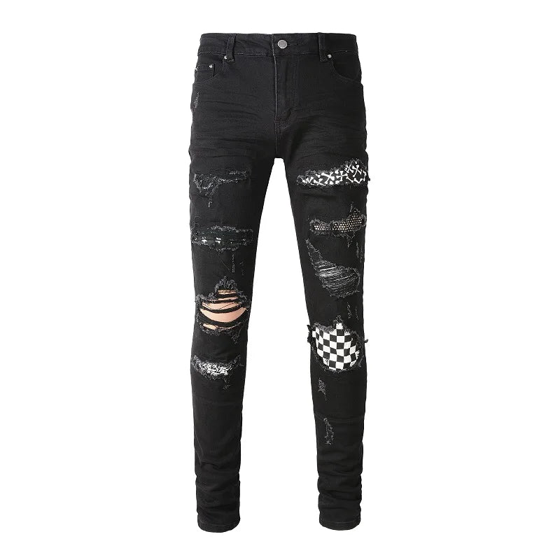 Black White Crystal Mixed Artwork Patch Jeans