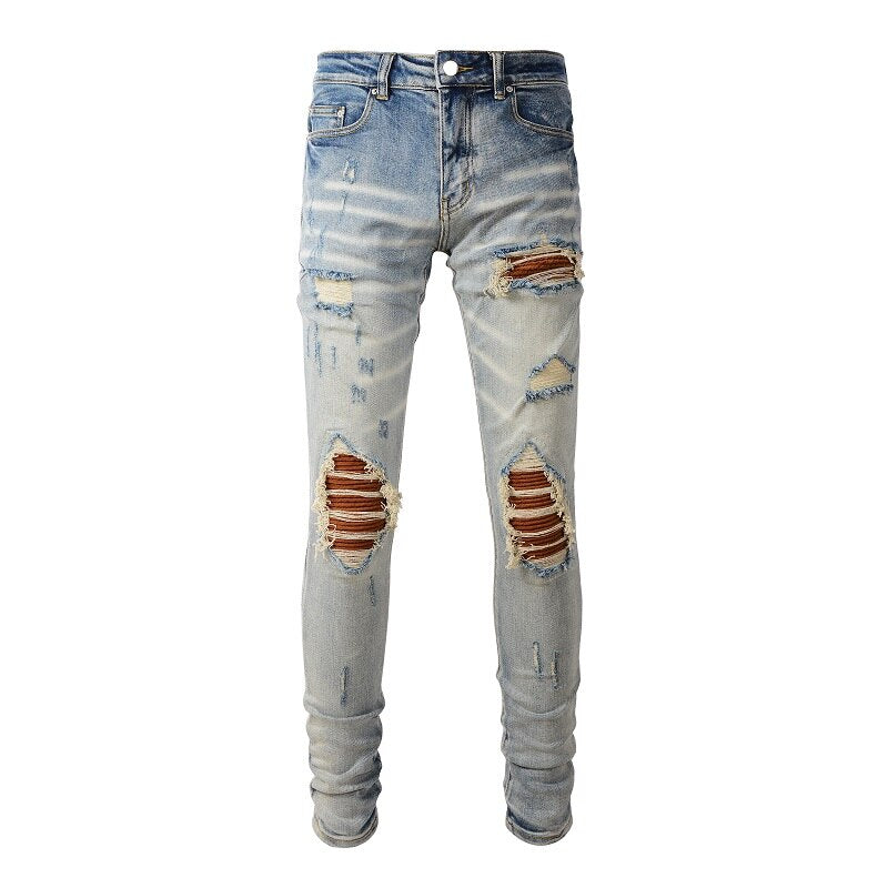 Blue Brown Ribbed Patchwork Distressed Jeans