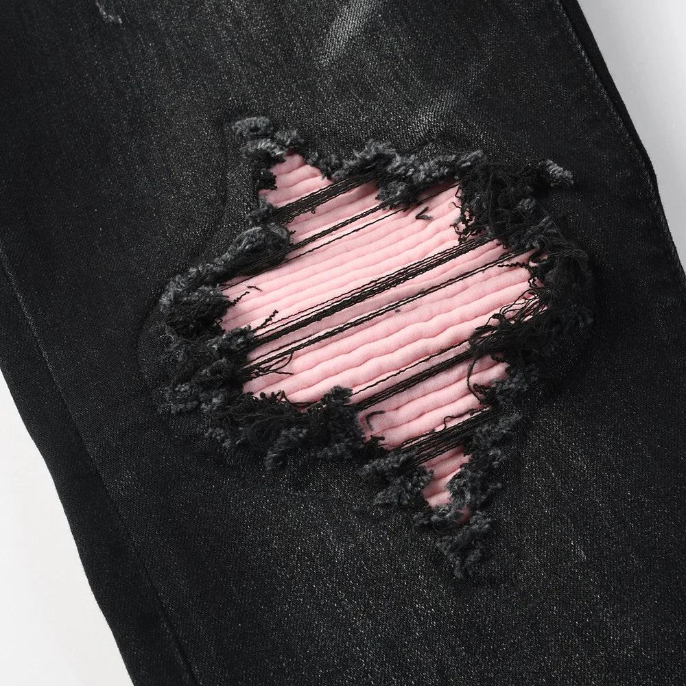 Black Pink Ribbed Leather Patch Jeans