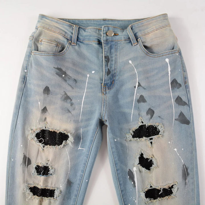 Blue Black Crystal Patchwork Paint Splatter Distressed Jeans