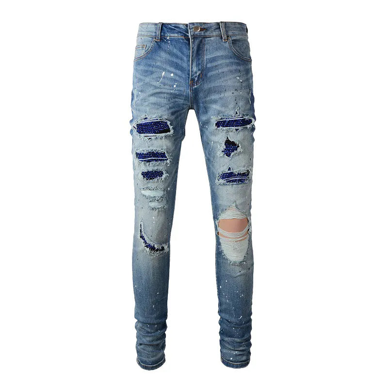 Blue Full Crystal Patchwork Distressed Painted Jeans