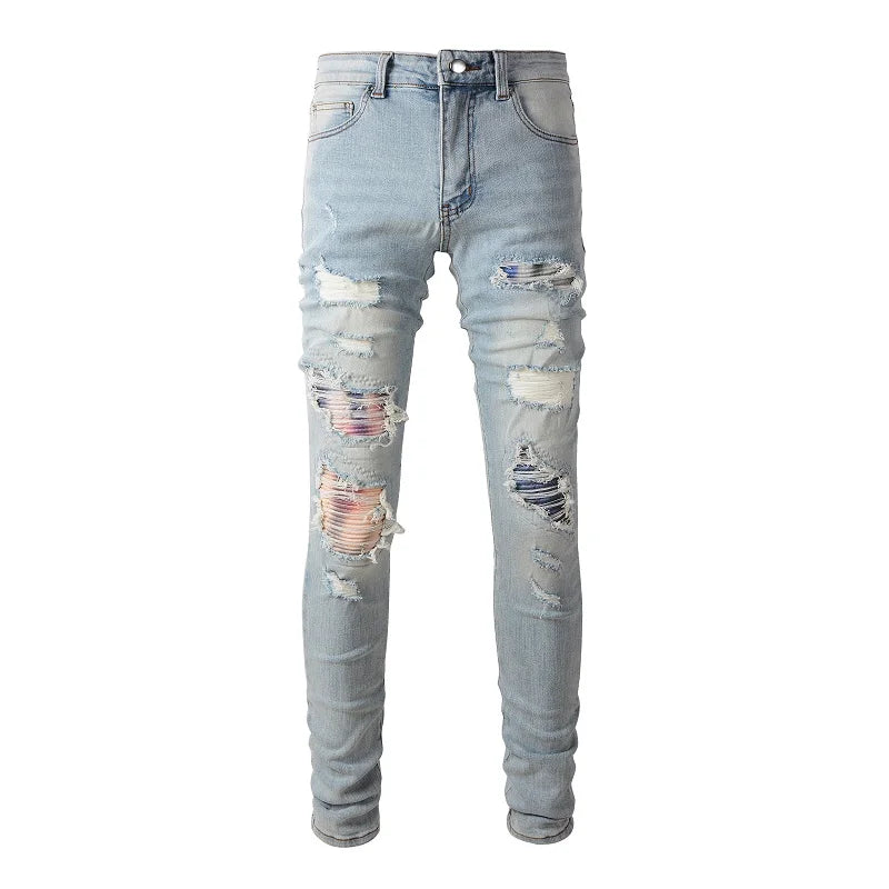 Light Blue Mixed Artwork Distressed Jeans