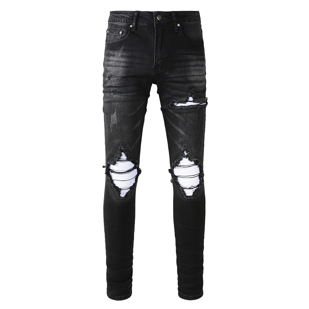 Black White Ribbed Patch Jeans