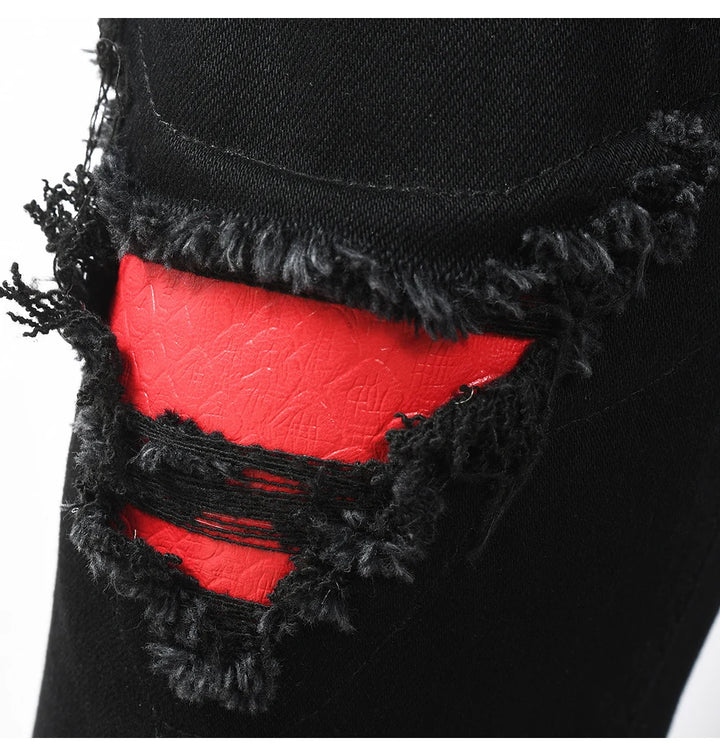 Black Red Full Embroidery Snake Patch Jeans