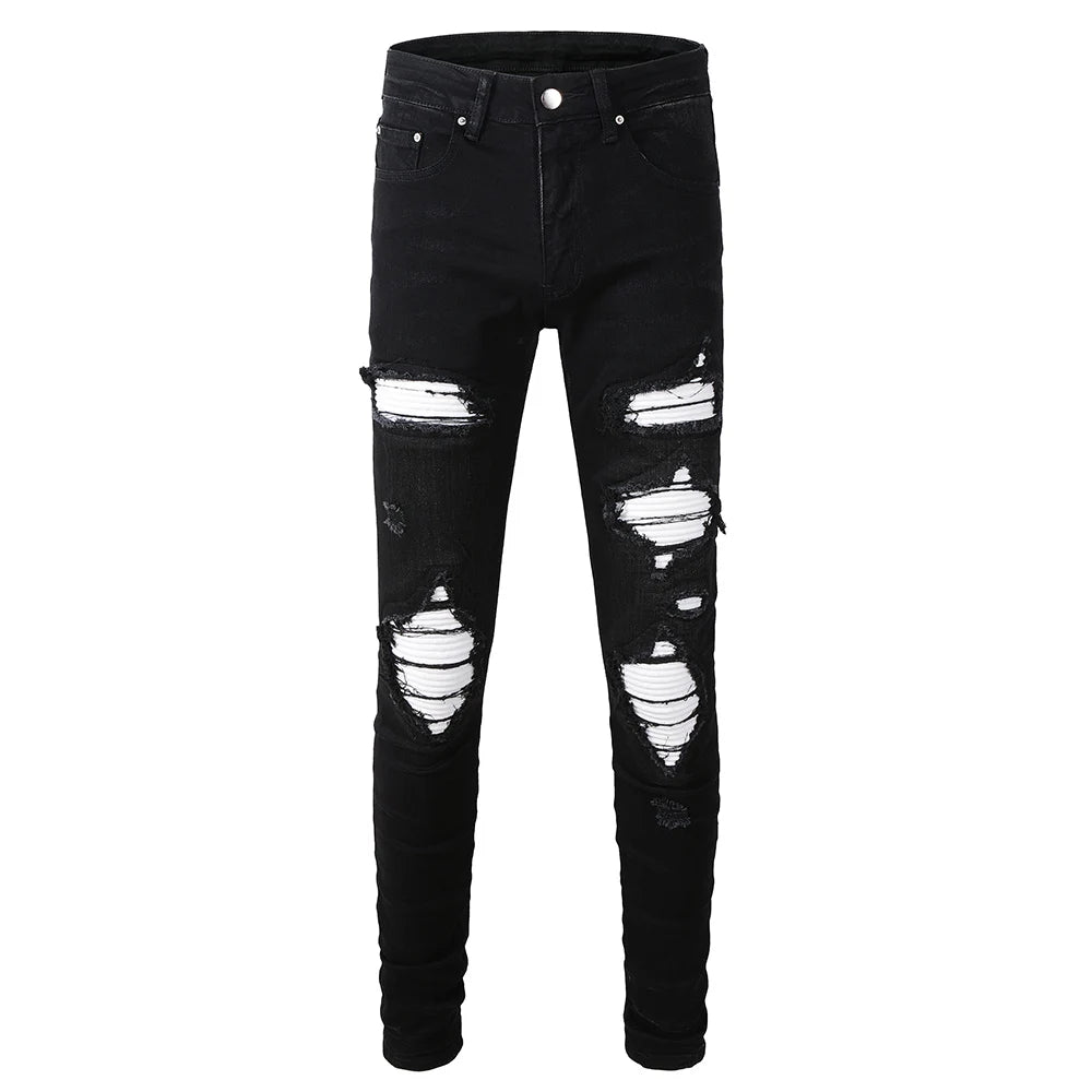 Black White Ribbed Patch Jeans