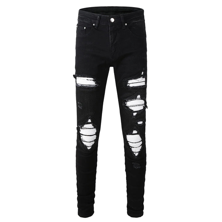 Black White Ribbed Patch Jeans