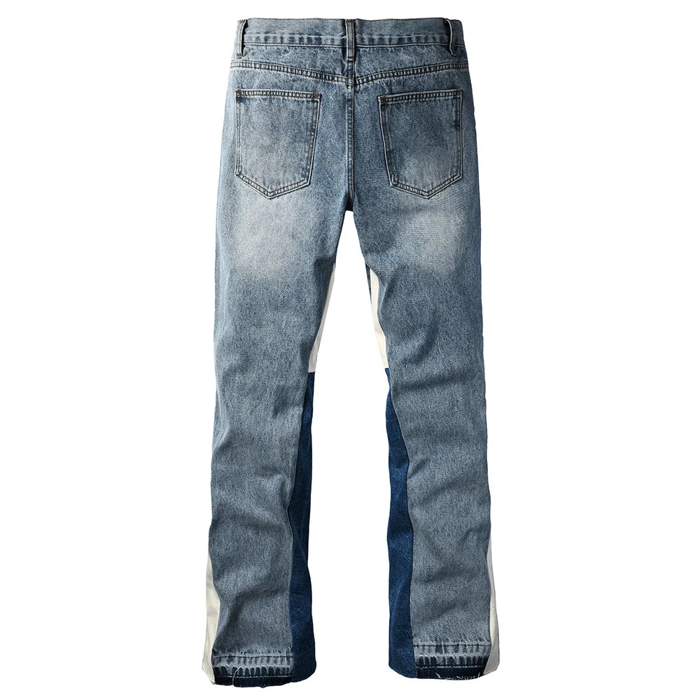 Dark Blue Spliced Panel Flared Jeans