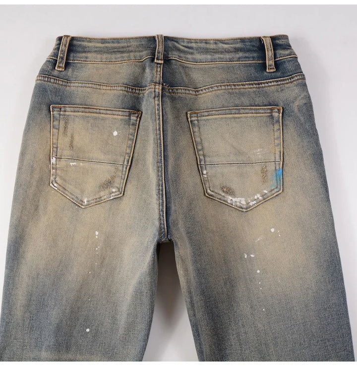 Blue Vintage Paint Splatter Ripped Jeans