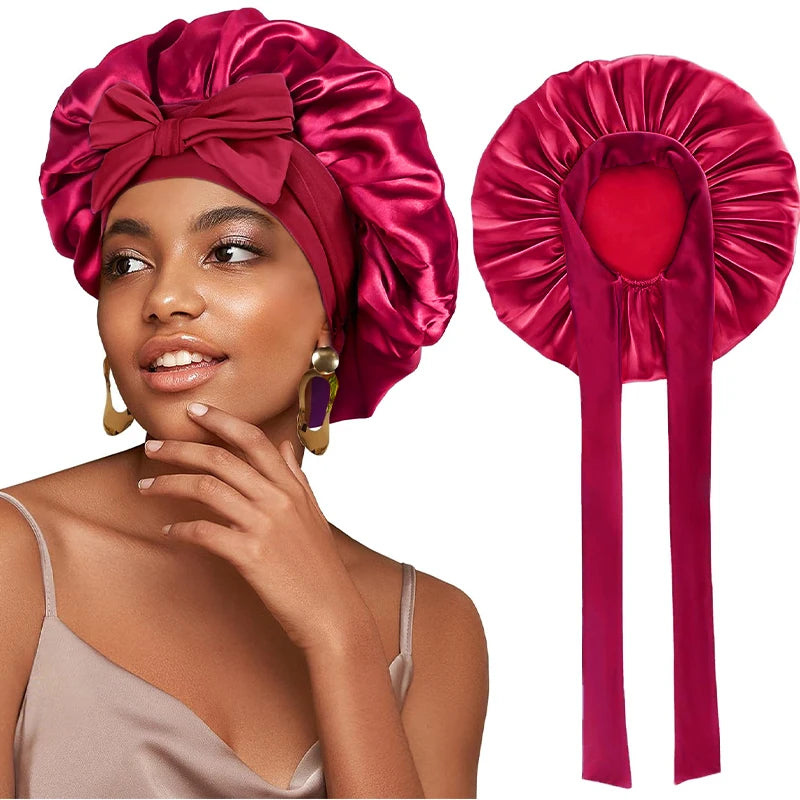 Wine Red Wide Band Tied Silky Bonnet