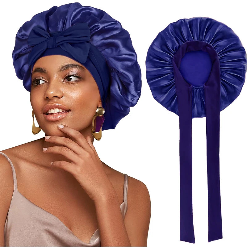 Navy Blue Wide Band Tied Silky Bonnet