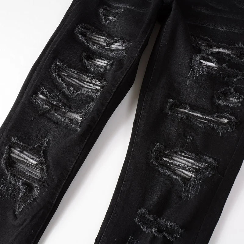 Black Full White Leather Patchwork Distressed Painted Jeans
