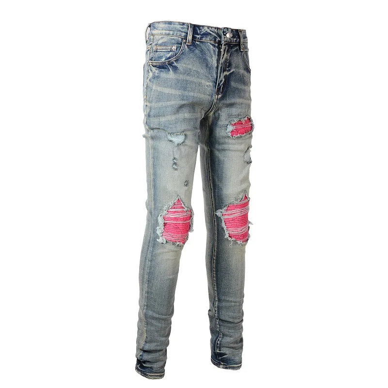 Blue Pink Cracked Ribbed Patchwork Jeans