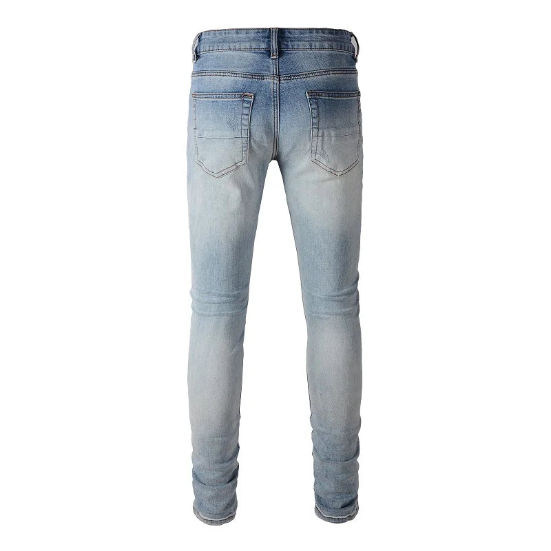 Blue Full Sky Blue Crystal Patchwork Distressed Painted Jeans
