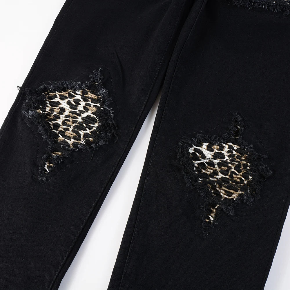 Black Leopard Print Patch Jeans