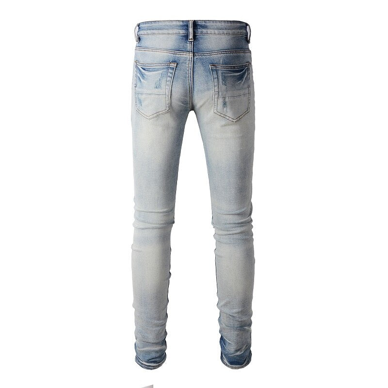 Blue Black Leather Pleated Patch Jeans