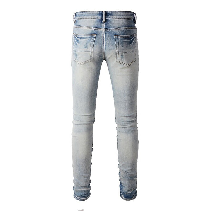 Blue Black Leather Pleated Patch Jeans