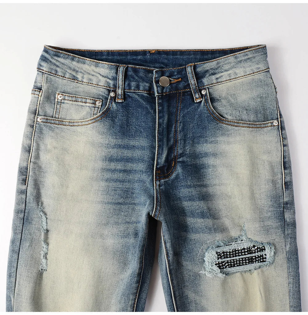 Blue Black Crystal Patchwork Dye Jeans