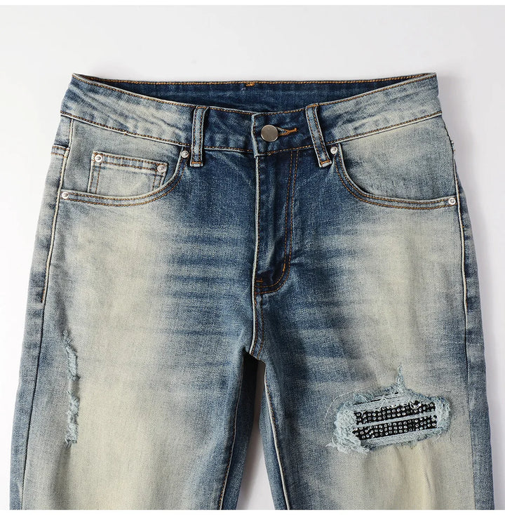 Blue Black Crystal Patchwork Dye Jeans