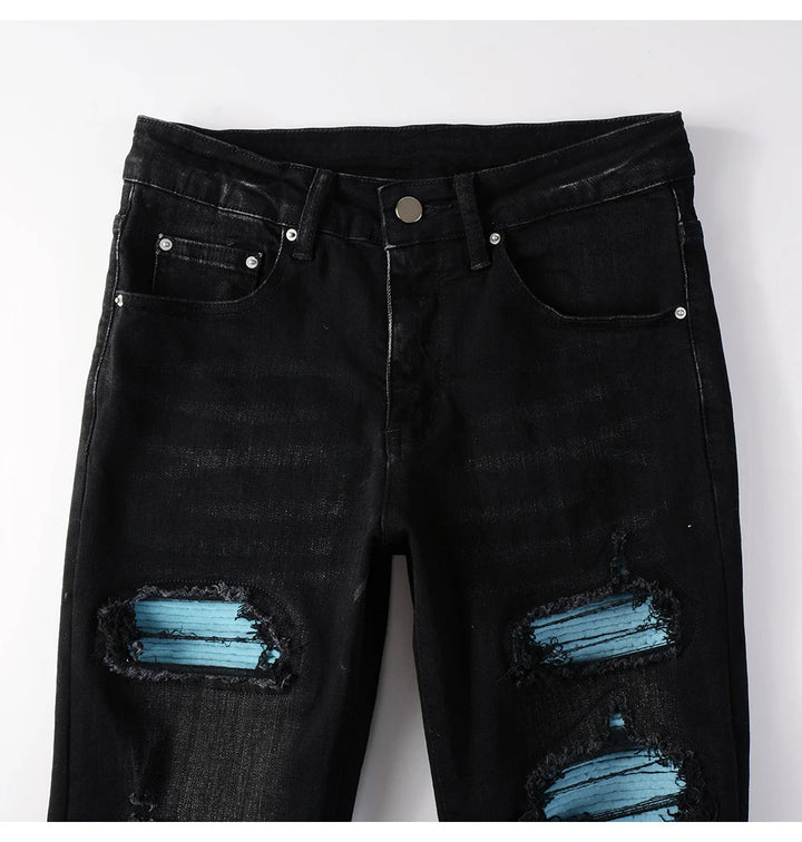 Black Sky Blue Ribbed Velvet Patch Jeans