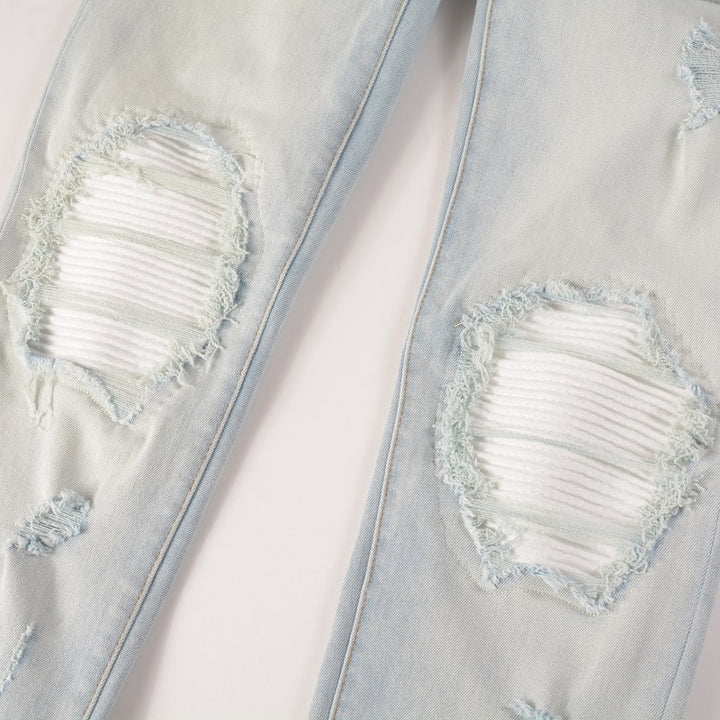 Pale Blue White Ribbed Patchwork Jeans
