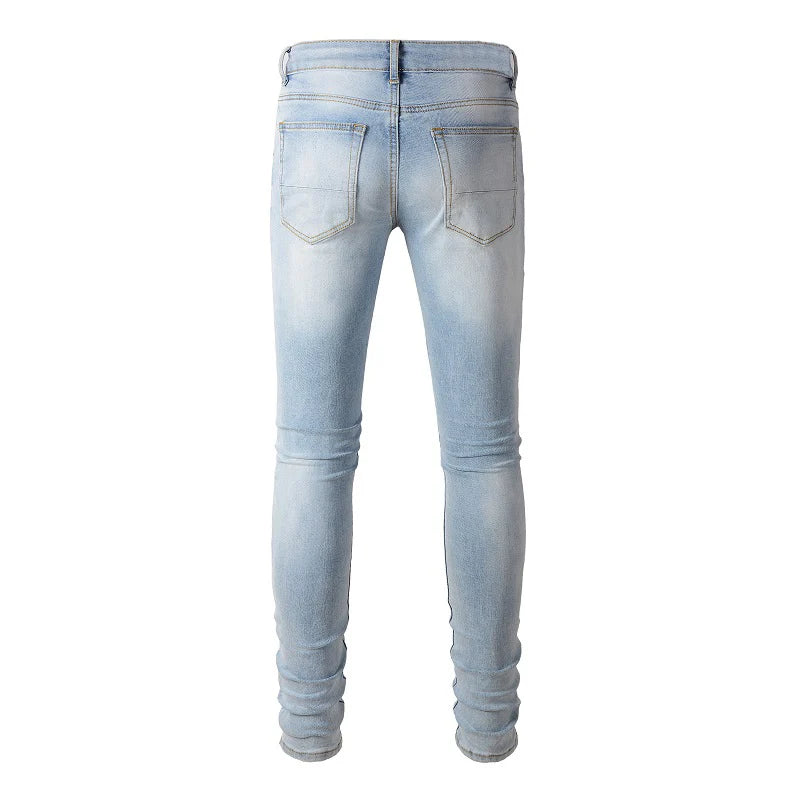 Light Blue Full Leather Patchwork Distressed Painted Jeans