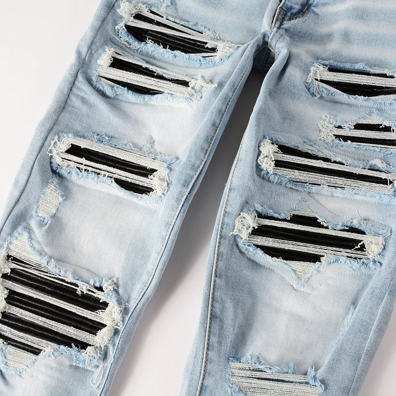 Light Blue Full Leather Patchwork Distressed Painted Jeans