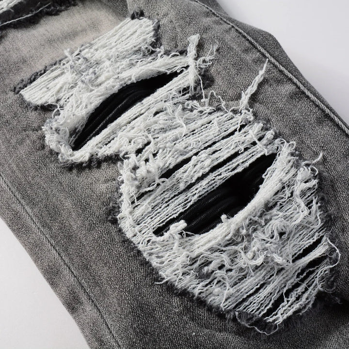 Grey Black Leather Patchwork Distressed Jeans