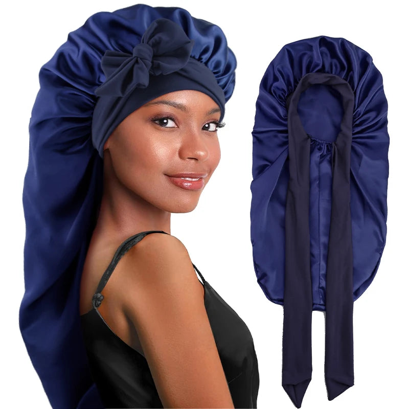 Navy Blue Long Silky Bonnet  Dreadlock Cap