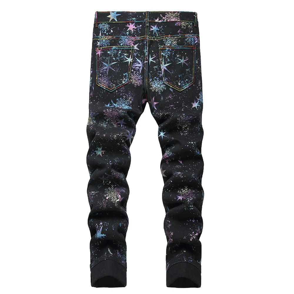 Black Multicolour Snowflake Star Print Bootcut Jeans