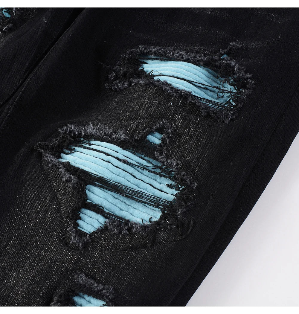 Black Sky Blue Ribbed Velvet Patch Jeans