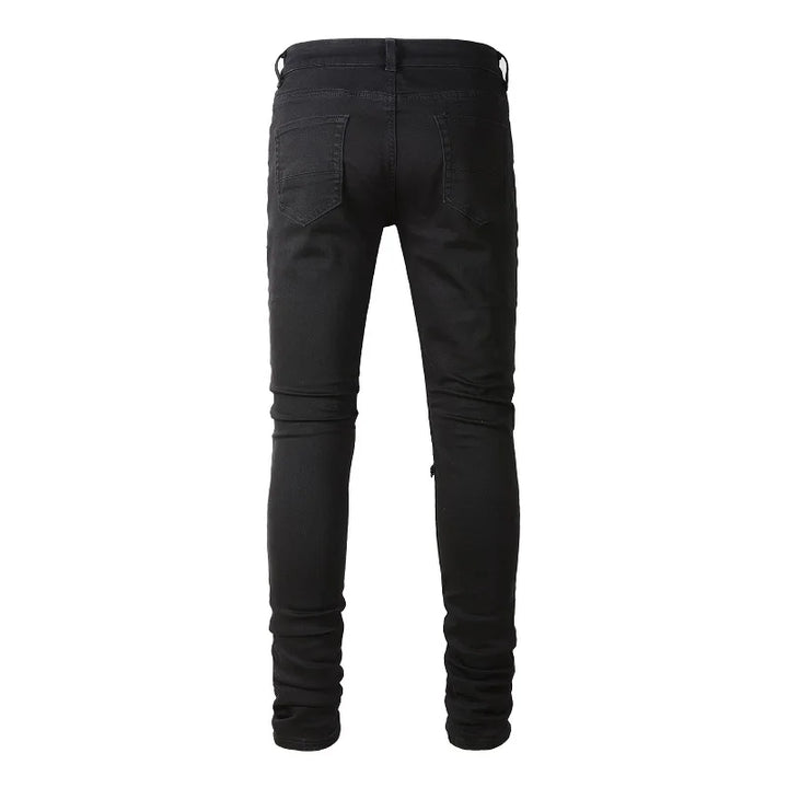 Black Leather Patch Distressed Jeans
