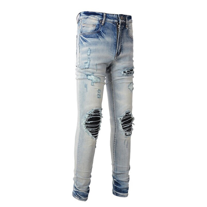 Blue Black Leather Pleated Patch Jeans