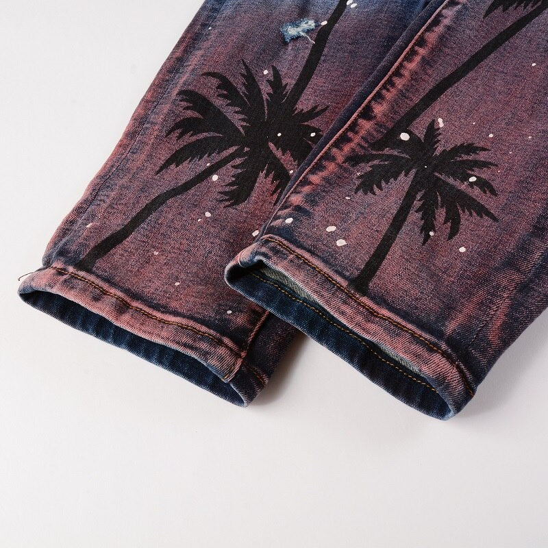 Blue Palm Tree Distressed Ripped Jeans