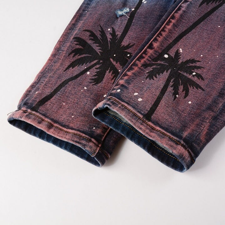 Blue Palm Tree Distressed Ripped Jeans