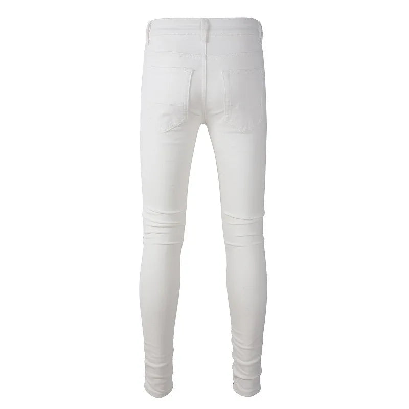 White Ribbed Patchwork Distressed Jeans