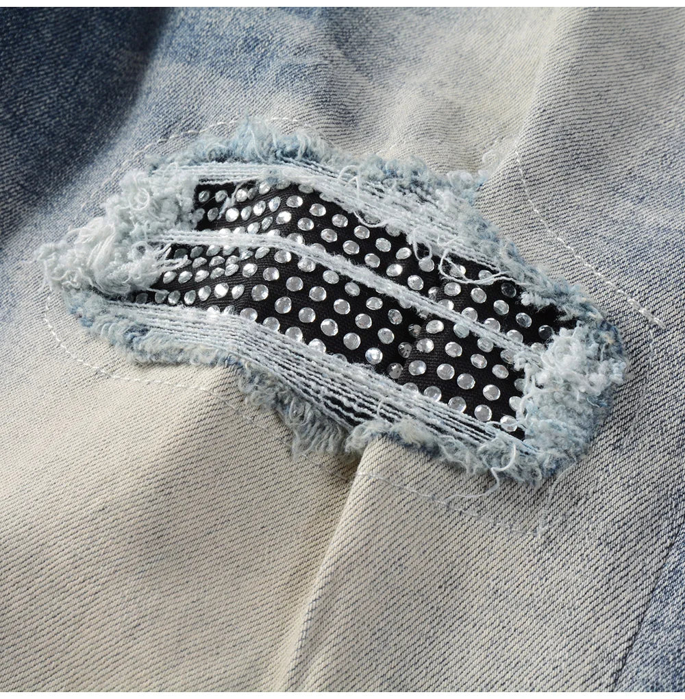 Blue Black Crystal Patchwork Dye Jeans