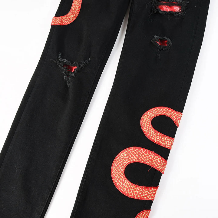 Black Red Full Embroidery Snake Patch Jeans