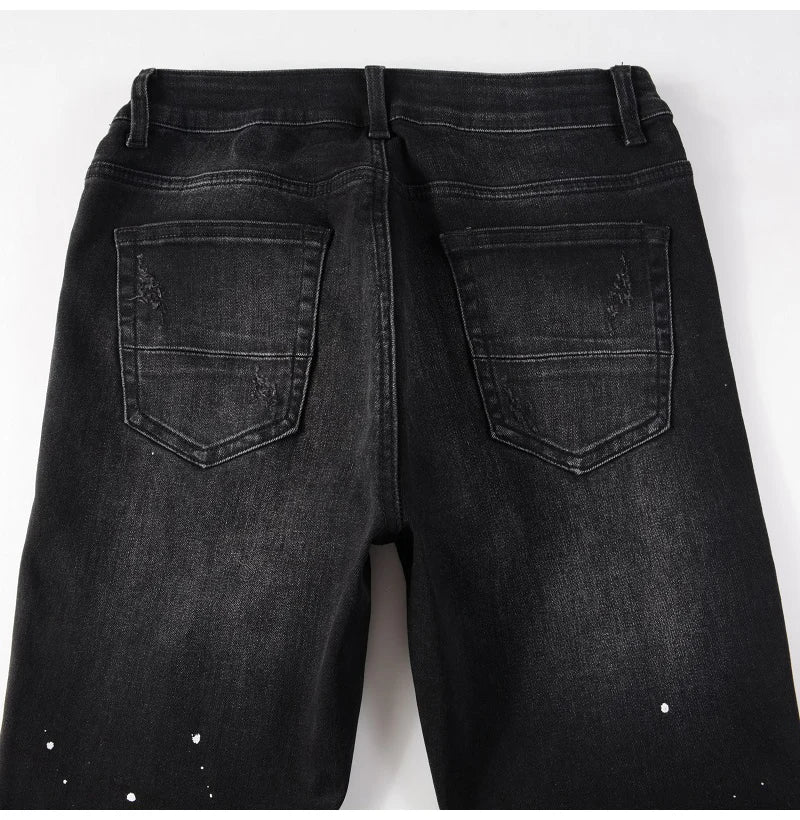 Black Red Crystal Paint Splatter Distessed Jeans