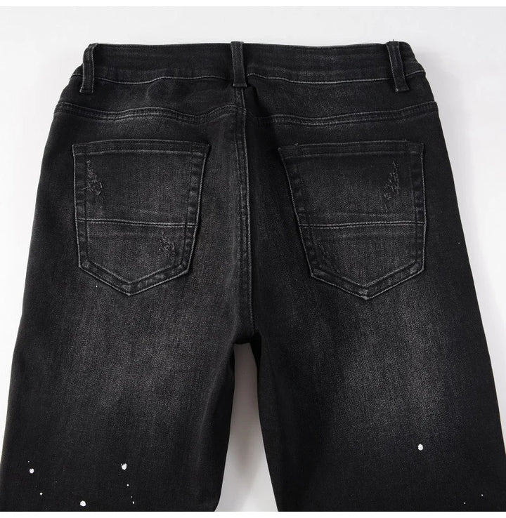 Black Red Crystal Paint Splatter Distessed Jeans
