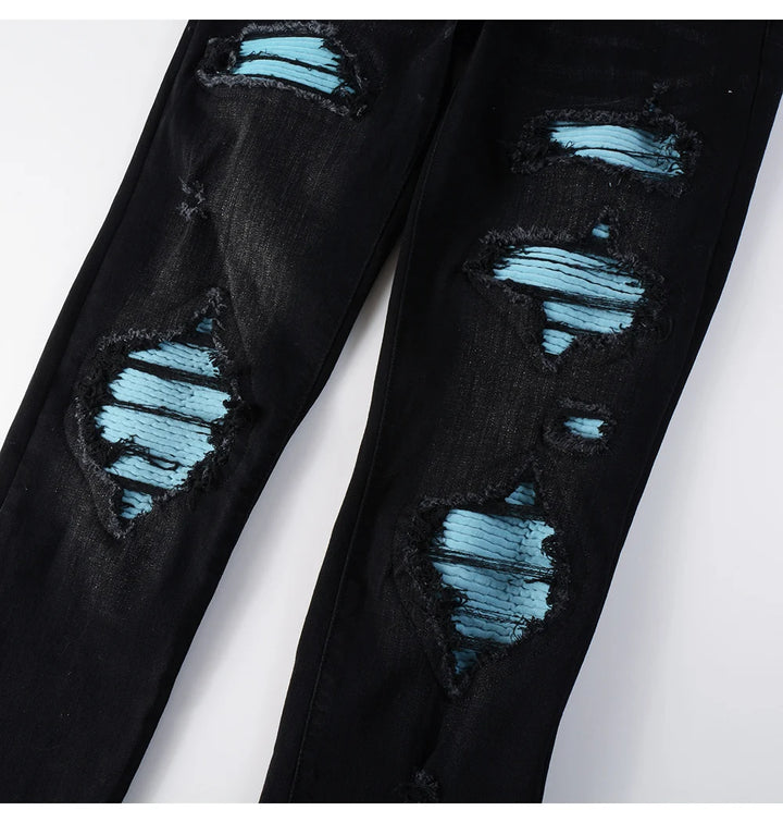 Black Sky Blue Ribbed Velvet Patch Jeans
