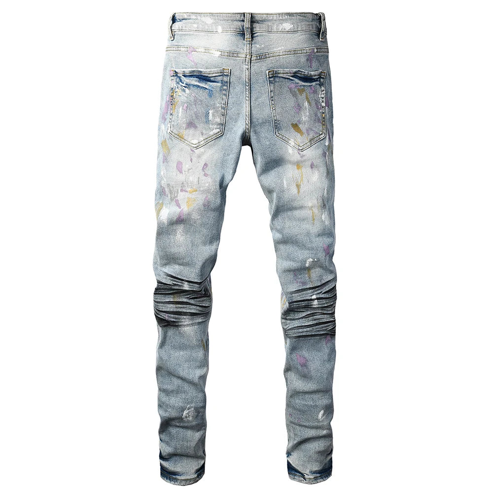 Light Blue Multicolour Painted Ribbed Distressed Jeans