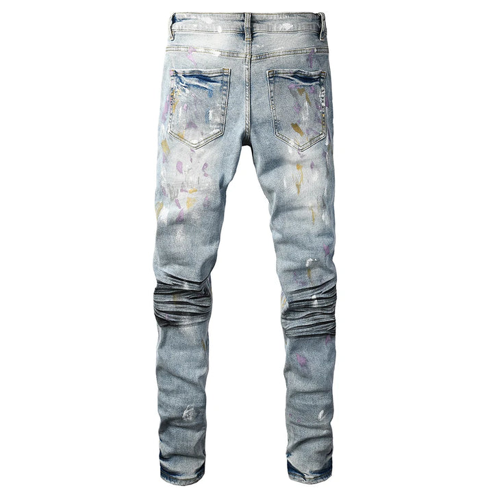 Light Blue Multicolour Painted Ribbed Distressed Jeans
