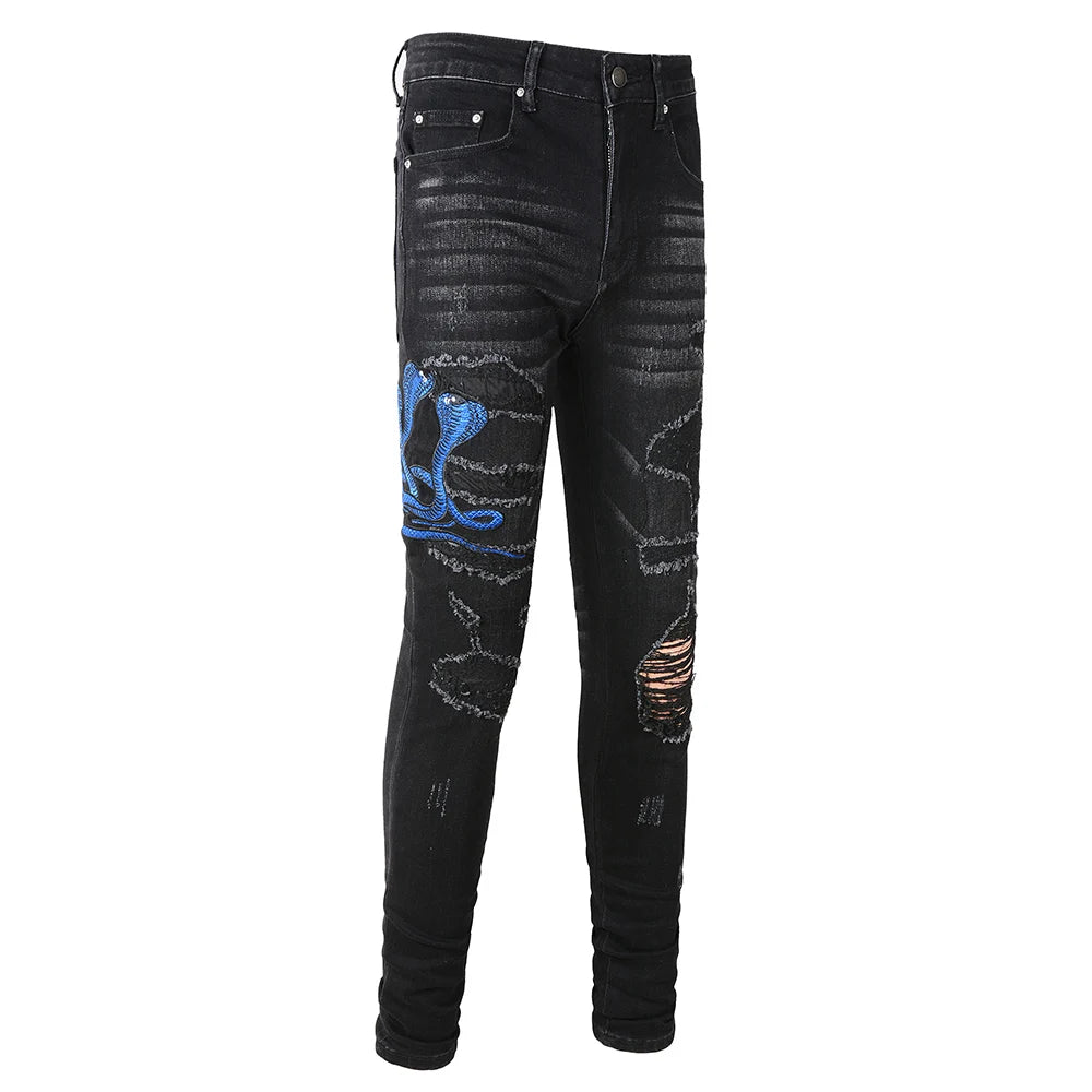 Black Royal Blue Snake Embroidery Distressed Jeans