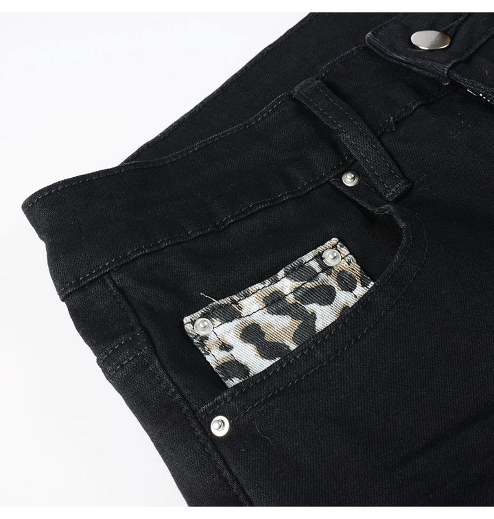 Black Leopard Print Patch Jeans