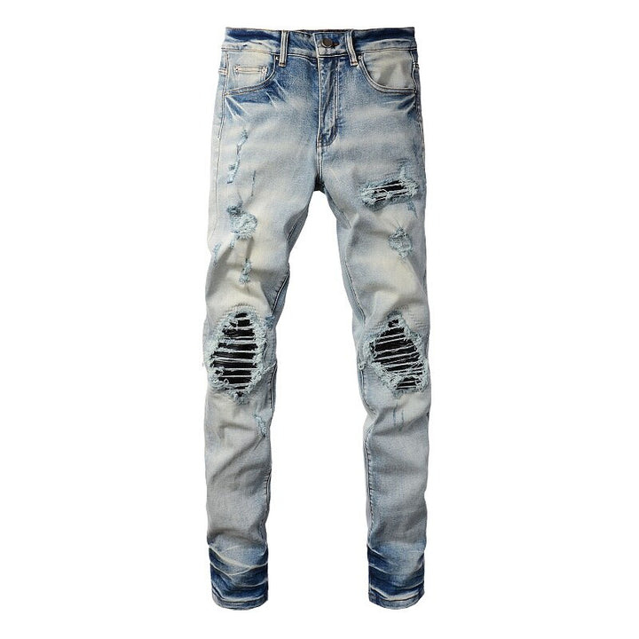 Blue Black Leather Pleated Patch Jeans