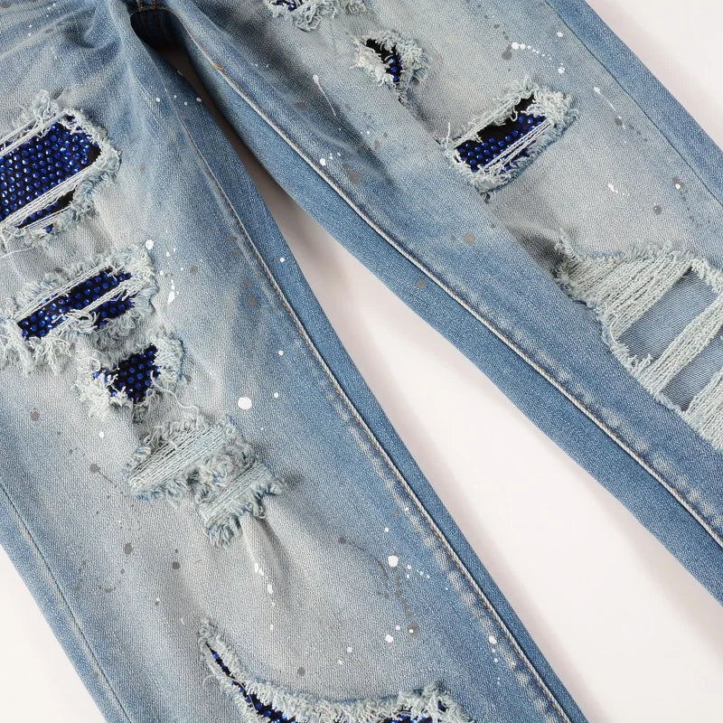 Blue Full Crystal Patchwork Distressed Painted Jeans